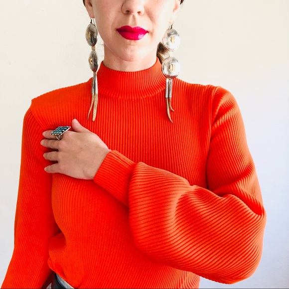 🔥SOLD🔥60s VTG Bright Orange Rib Knit Puff Long Sleeve Mock Turtleneck Shirt - Picture 3 of 8